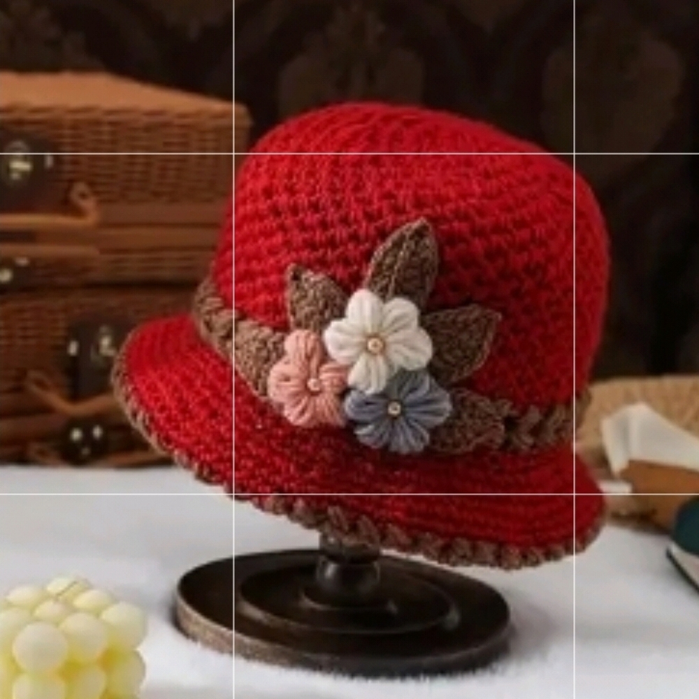 Crochet Knit 3-Flowers Cloche Hat Lined, Lightweight Warm Dark Red, NEW